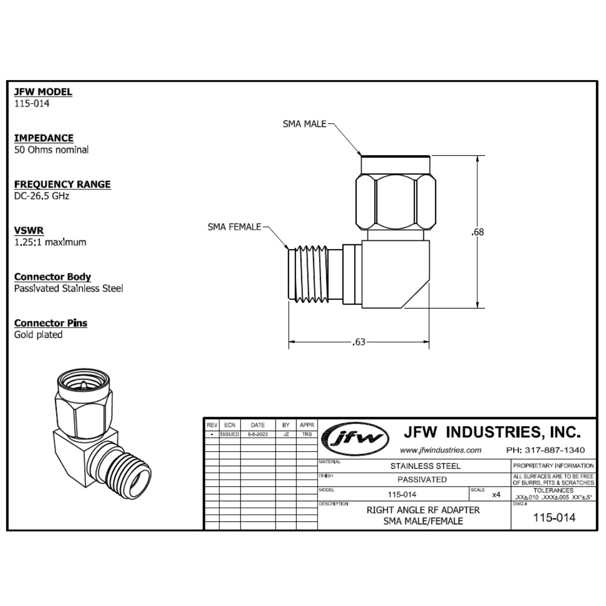 Adapter SMA male/female Right Angle DC-26.5 GHz | 115-014 - JFW Industries