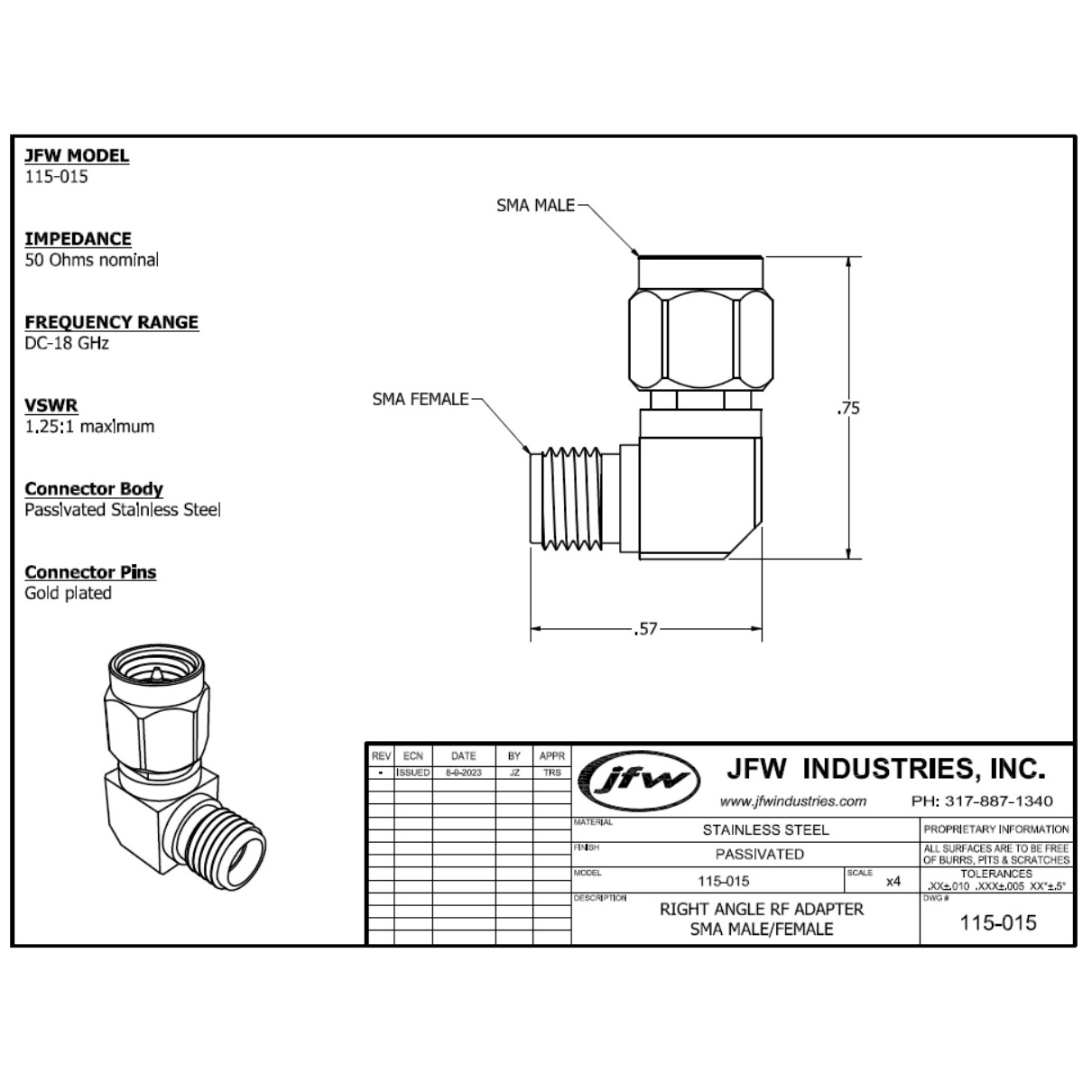 Adapter SMA male/female Right Angle DC-18 GHz | 115-015 - JFW Industries