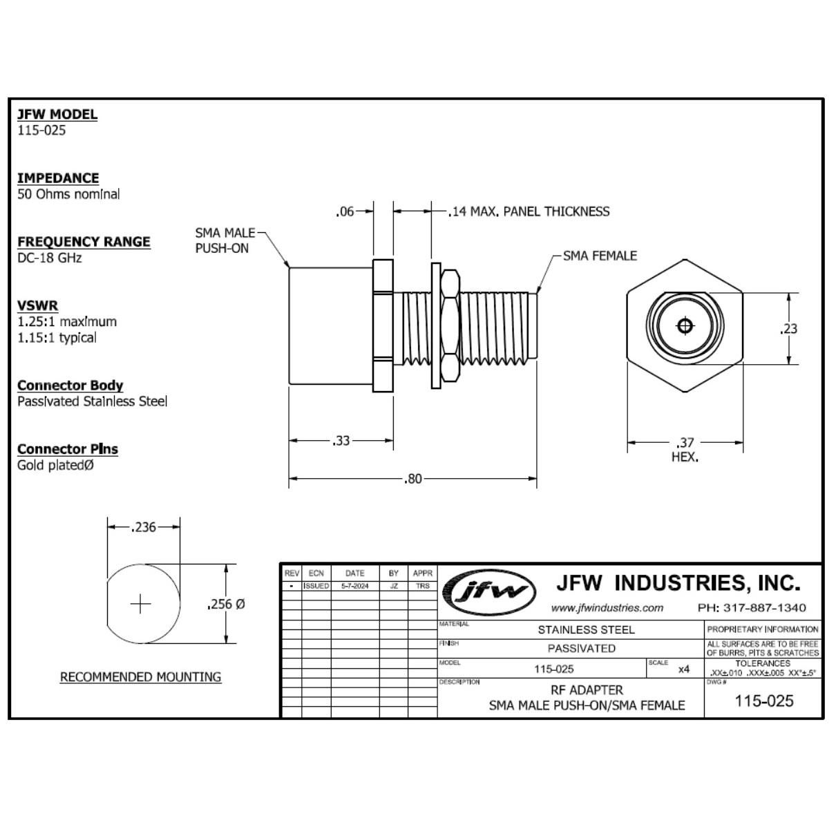 Adapter SMA male (push-on) to SMA female DC-18 GHz | 115-025 - JFW ...