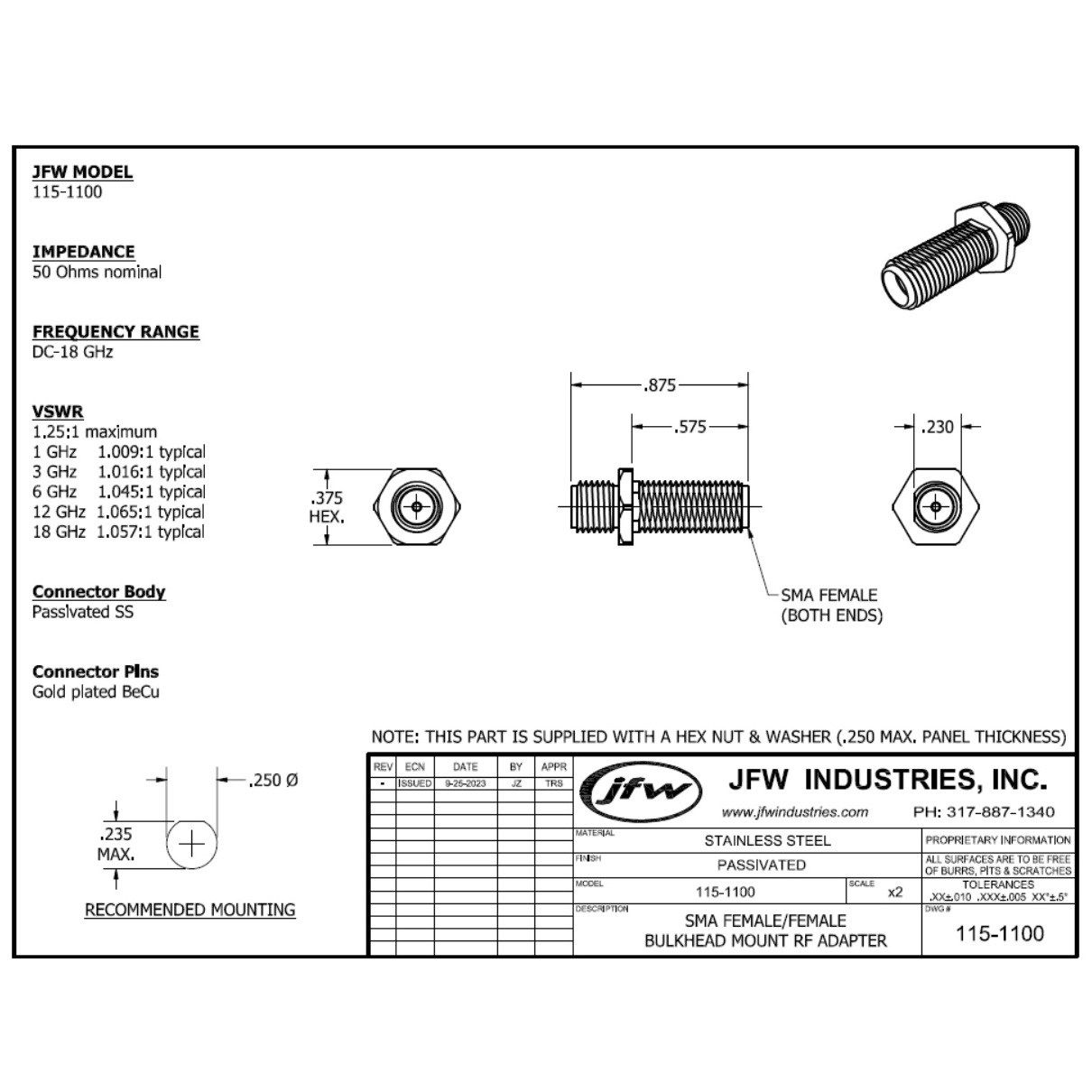 Adapter SMA female/female Bulkhead DC-18 GHz | 115-1100 - JFW Industries